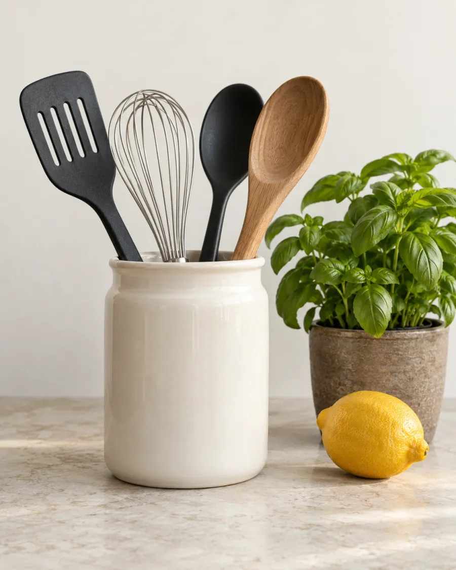 Wooden spoons, a whisk and spatulas in a ceramic utensil holder beside fresh basil and a lemon