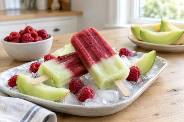 Illustration of Honeydew Raspberry Popsicles