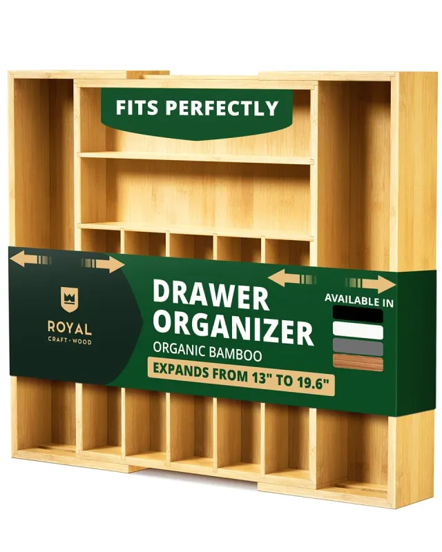 Royal Craft Wood Silverware Drawer Organizer, Natural (9 Slots)